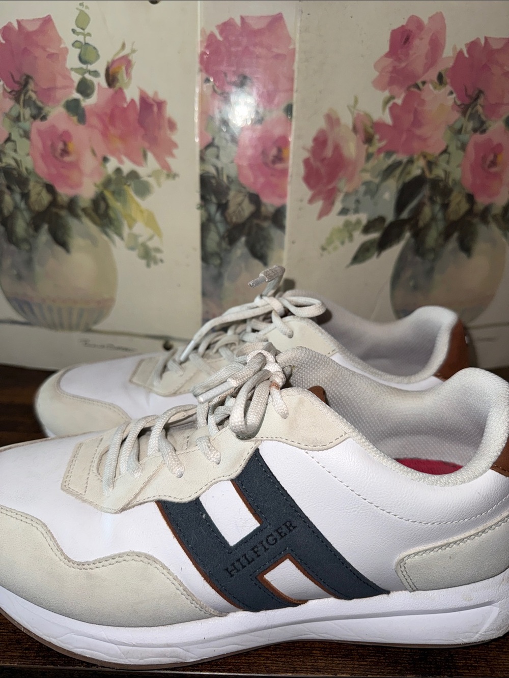 Tommy Hilfiger White Sneakers with Navy H and Tan Trim